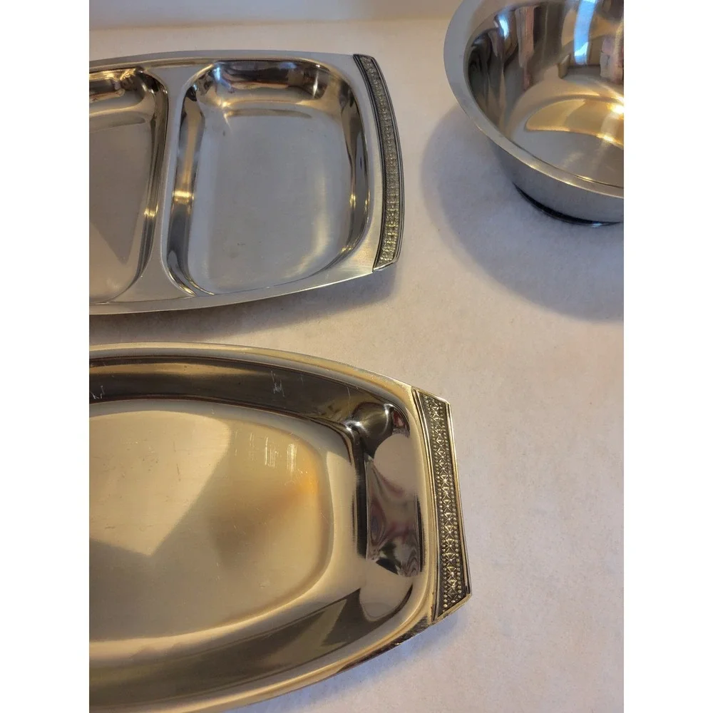 Vtg MCM Madeira Stainless‎ Serving Set Trays Divided Dish Bowl Floral Rim